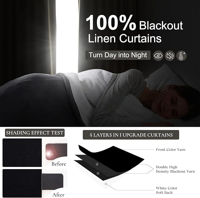 Long Black Pinch Pleat Linen Blackout Curtains 100 Inches Long for Bedroom, Modern Room Darkening Dining Room Large Windows Drapes with Hooks Thermal Heavy Curtains for Winter 40"Wx100"L 2 Panels