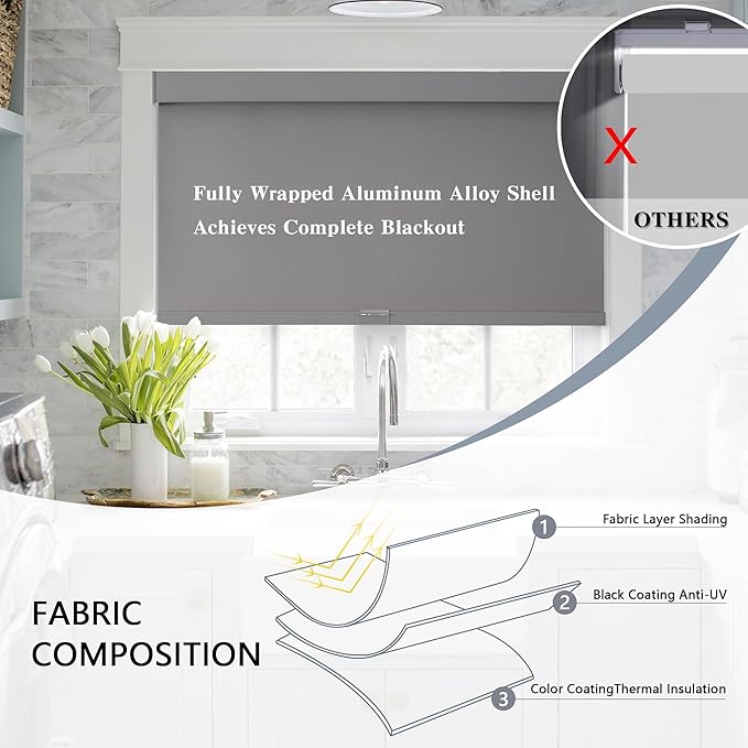 AOSKY Blackout Roller Shades Cordless Blinds for Windows, Free-Stop Shades with Valance, Thermal Insulated Fabric, UV Protection, Natural Woven Blinds for Home and Office (64" W x 72" H, Grey)