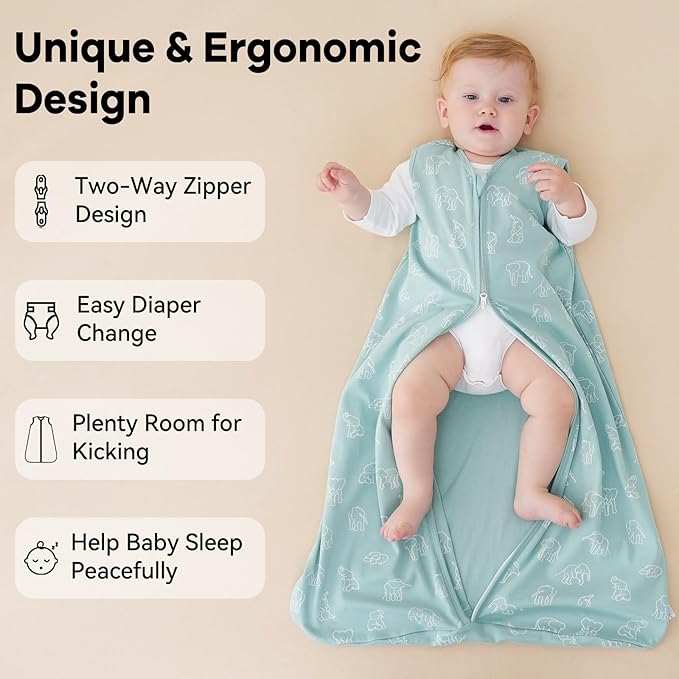 Unnivoll Baby Sleep Sack 18-24 Months 0.5 Tog Wearable Blanket Baby, 3 Pack 100% Cotton Lightweight Sleeping Sack with 2-Way Zipper for Infant Toddler Apricot Gray Green Elephant