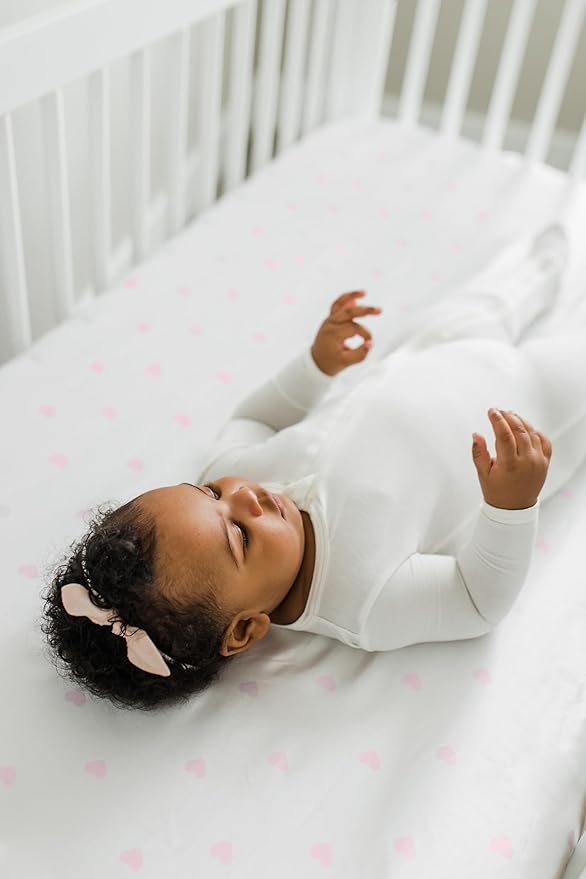 Satin Fitted Crib Sheet (2 Pack) Premium Oeko-TEX Certified Satin Crib Sheet Set, Prevents Bald Spots Like Silk Crib Sheets for Baby Hair (White with Light Pink Hearts)