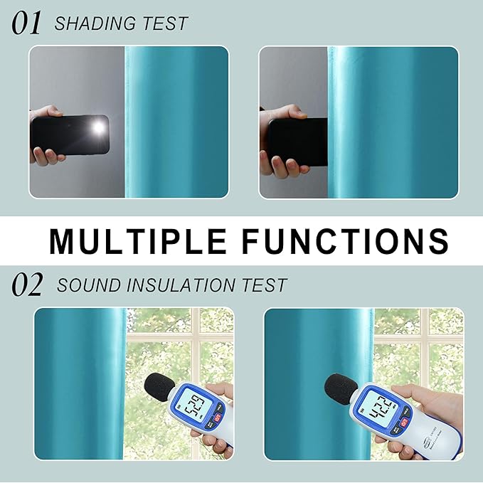 XWZO Full Shading Blackout Curtains with Tiebacks - Heat and Light Blocking Ring Top Window Drapes with Black Liner Backing for Bedroom/Kid's Room, Turquoise, W42 x L72, Set of 2 Panels
