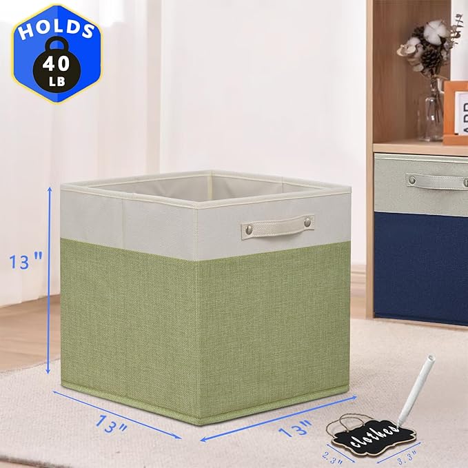 13x13x13 Inch Large Foldable Fabric Linen Cube Storage Bins【4-pack】, with Cotton Handles Closet Bins for Cabinet Shelves Home Organization and Storage bins(White&green)