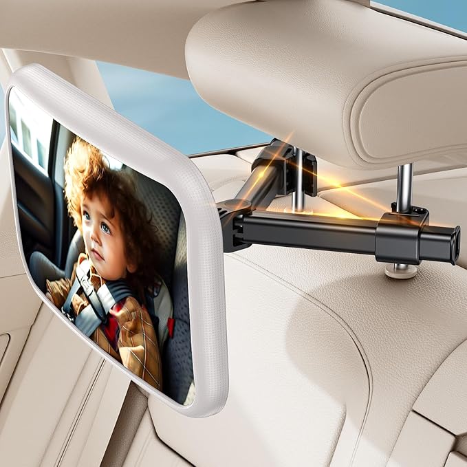 Baby Car Mirror for Baby Car Seat Safely Mirror Hook Clip Design for Rear Facing Infant Newborn 360° Rotation Baby Backseat Mirror Wide Clear View Shatterproof Easy Install Baby Essentials - White
