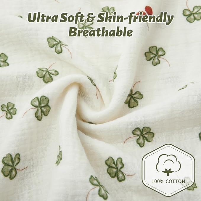 SiinvdaBZX 2 Pack Pack n Play Sheets, Ultra Soft Muslin Cotton Mini Crib Sheets Breathable Neutral Toddler Playard Bedding Cover for 38"x27" Portable/Mini Crib Mattresses (Leaf + Clovers)