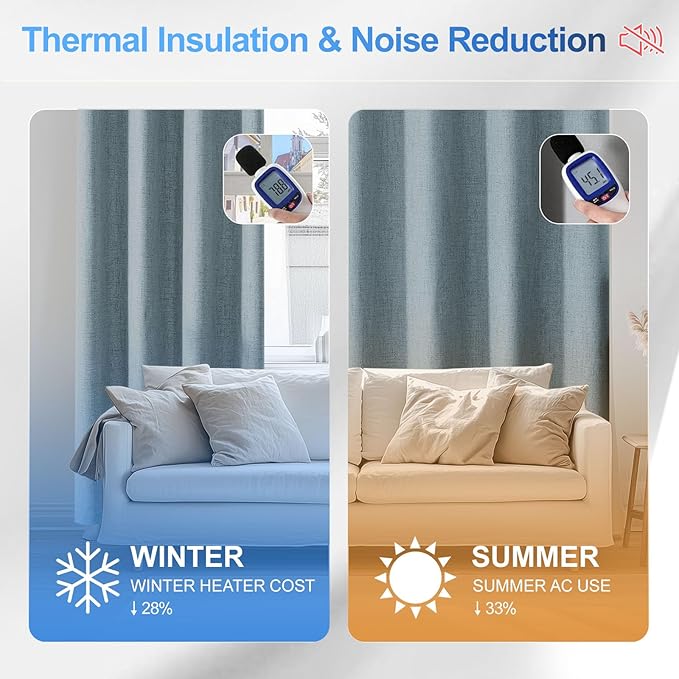 Linen 100% Blackout Curtains for Bedroom, Black Out Curtains 72 Inch Long, Room Darkening Curtains for Living Room, Long Curtain Grommets Drapes, Thermal Curtains(2 Panels, Light Blue)