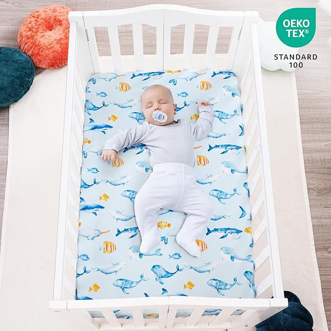 david's kids 3 Pack Mini Crib Sheets, Soft Breathable Premium Pack N Play Sheets for Baby Boys Girls Neutral, Playard and Mini Crib Mattresses, Whale