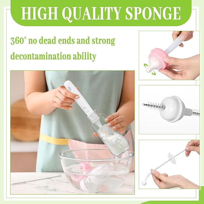 Willinglong 22 Pcs Sponge Bottle Nipple Brushes Set Including 12 Pcs Bottle Sponge Brush Heads 6 Interchangeable Nipple Brush Handles and 4 Long Straw Brushes for Baby Bottles(White Handle)