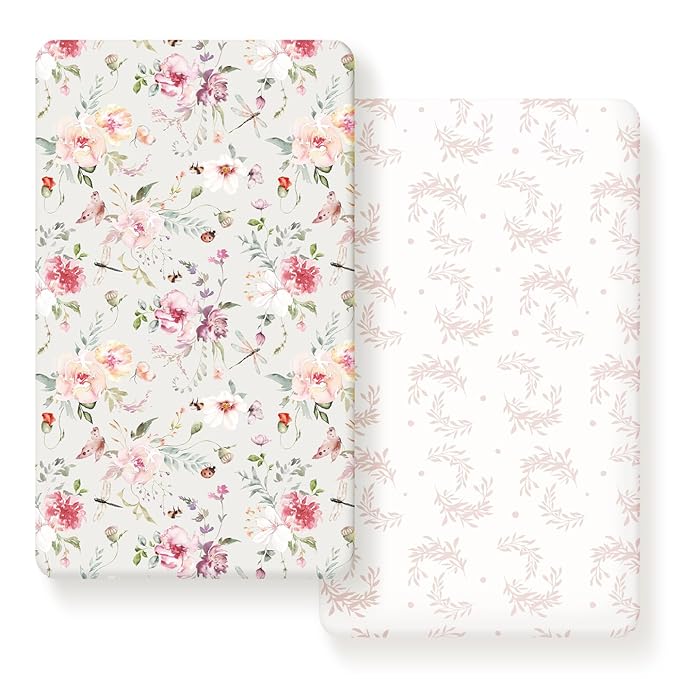 Fitted Crib Sheets Set 2 Pack, Ultra Soft Stretch Jersey Knit Crib Sheet Fit All Standard Crib Mattress Pads Safe and Snug, Crib Fitted Sheet for Baby, Beautiful Flowers and Insects Pattern