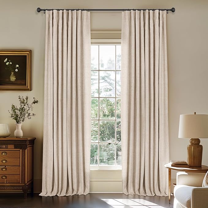 INOVADAY 100% Blackout Curtains for Bedroom, Black Out Curtains 84 Inch Long, Clip Rings Linen Blackout Drapes, Thermal Insulated Room Darkening for Living Room, 2 Panels - Oatmeal,W50xL84