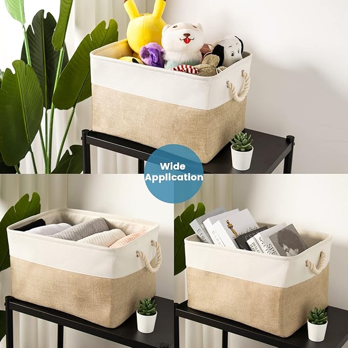 HOdo Home Storage Bins, Fabric Bin with Drawstring Closure and 2 Bold Handles, Collapsible Large Canvas Baskets for Organizing Shelf Nursery Home Closet (15.8×11.8×9.5 In/4-Pack, White and Yellow)