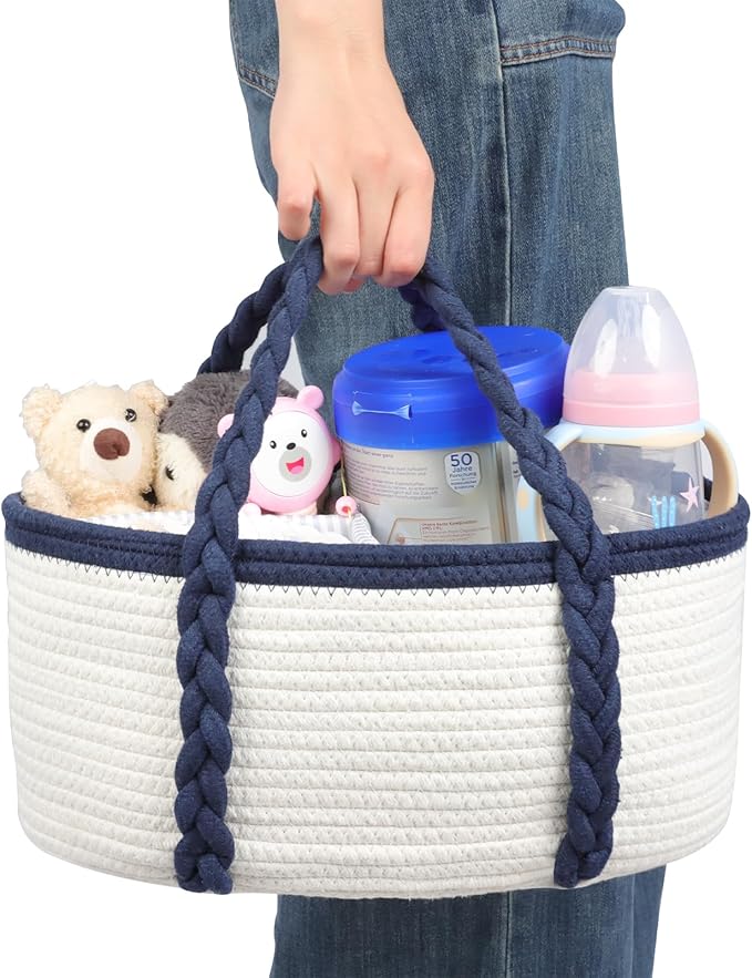 Baby Diaper Caddy, Portable Diaper Organizer for Changing Table, Car Travel Baby Shower Gifts Newborn Essentials, Cotton Rope Nursery Storage Basket for Boys (White＆Navy Blue)