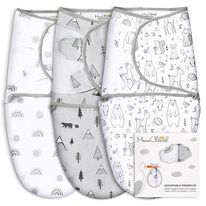 Mama Cheetah Organic Baby Swaddle Blanket, Adjustable Newborn Swaddle Sleep Sacks, Easy Swaddles for Boys and Girls 0-3 Months, Nursery Swaddling Essentials, 3-Pack