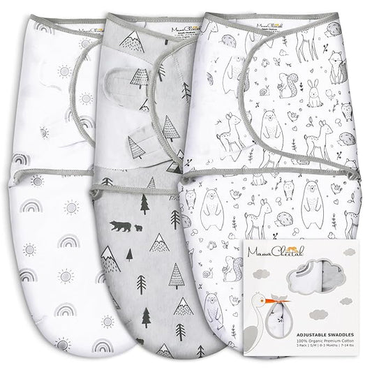 Mama Cheetah Organic Baby Swaddle Blanket, Adjustable Newborn Swaddle Sleep Sacks, Easy Swaddles for Boys and Girls 0-3 Months, Nursery Swaddling Essentials, 3-Pack