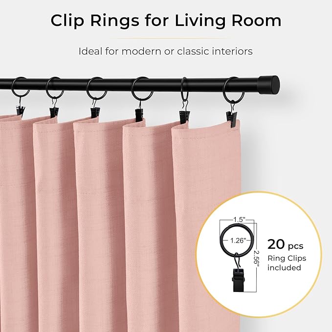 INOVADAY 100% Blackout Curtains for Bedroom, Black Out Curtains 90 Inch Long, Clip Rings Linen Blackout Drapes, Thermal Insulated Room Darkening for Living Room, 1 Panel - Blush Pink,W102xL90