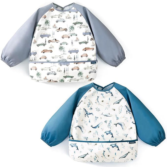 GRSSDER 2 Pack Long Sleeve Baby Feeding Bibs, Soft Waterproof Coverall Baby Led Weaning Bib with Large Food Catcher Pocket