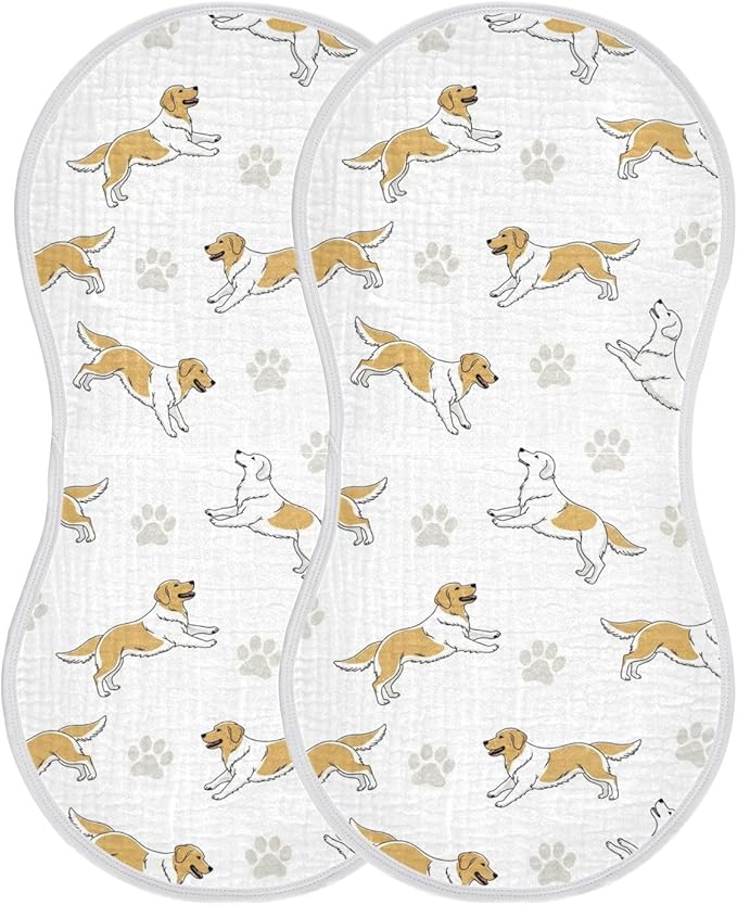 Qinllo 2 Pack Muslin Burp Cloths Golden Dogs Paw Prints White Cotton Baby Burp Cloths Ultra Absorbent Soft Thick Burping Cloth for Baby Boys Girls 22x11 Inch