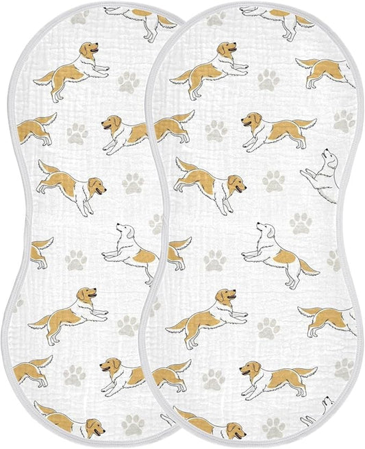 Qinllo 2 Pack Muslin Burp Cloths Golden Dogs Paw Prints White Cotton Baby Burp Cloths Ultra Absorbent Soft Thick Burping Cloth for Baby Boys Girls 22x11 Inch
