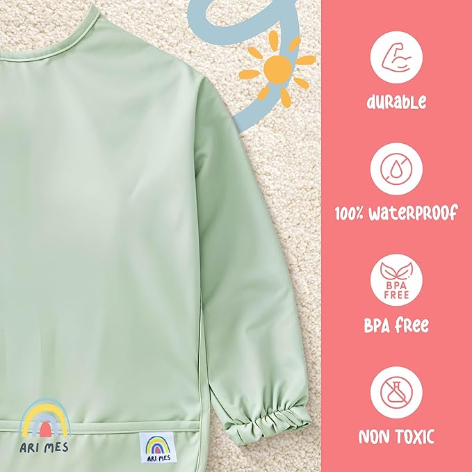 ARI MES Long Sleeves Waterproof Baby Bibs for Eating - Rainbow, Small - Wearable, Coverall for Toddler, Long Sleeve Bib, Smock Apron for Feeding - Applicable for 6-72 Months
