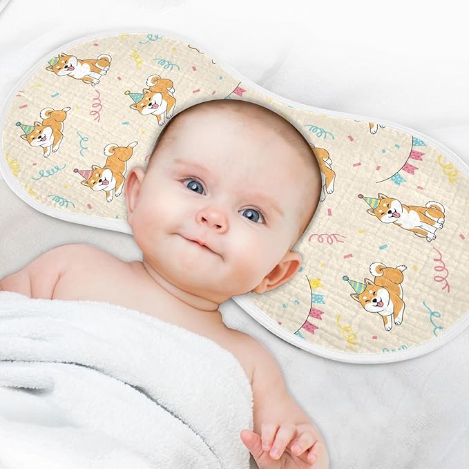 Qinllo 4 Pack Muslin Burp Cloths Shiba Dogs Party Beige Cotton Baby Burp Cloths Ultra Absorbent Soft Thick Burping Cloth for Newborn Baby Boys Girls 22x11 Inch