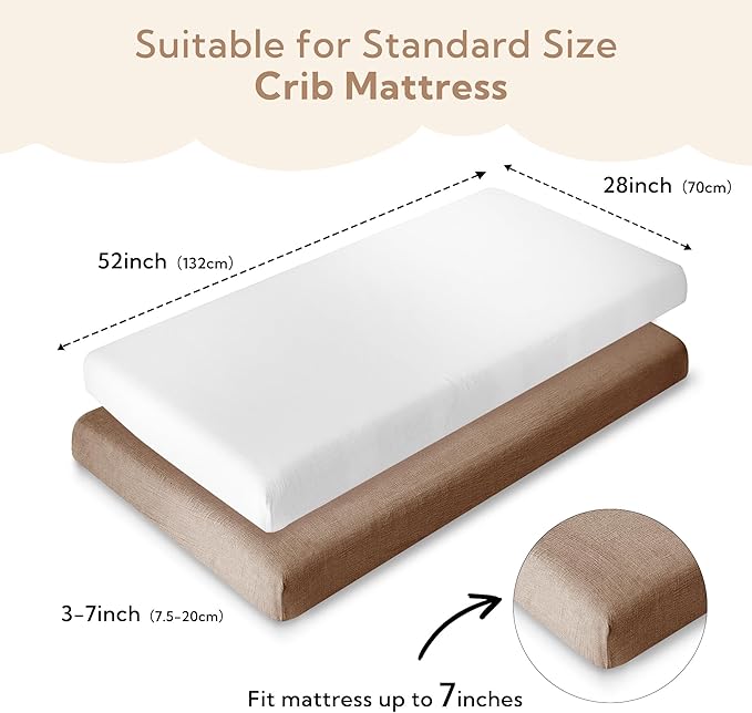 SOULFUL Muslin Crib Sheets for Boys Girls, 3 Pack Soft and Breathable Cotton Fitted Crib Sheets for Standard Crib Mattress (28"x 52", White & Brown)