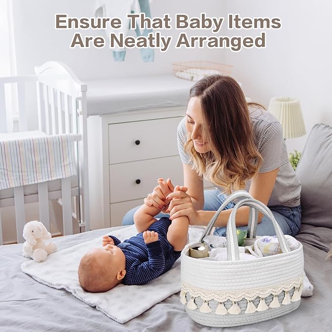 Diaper Caddy Organizer, Stylish Nursery Storage Basket, Baby Shower Basket with Tassel Decorative Appearance, Portable Storage Basket Suitable for Family and Car Travel (Grey)