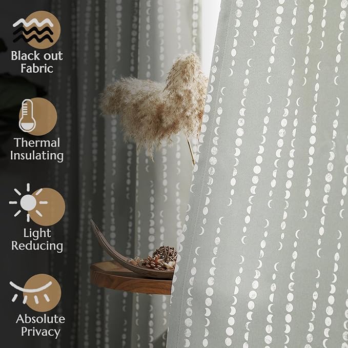 jinchan 95% Blackout Bohemian Moon Phase Print Bedroom 84 Inch Long Grey Curtain Grommet Top Thermal Insulation for Kids Room Grey Curtain Set 2 Panels
