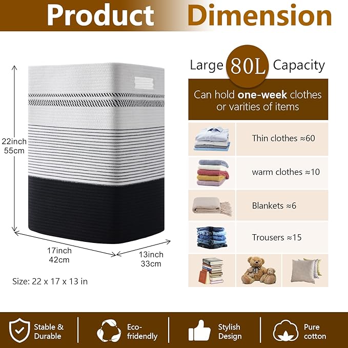 Laundry Basket, Large Woven Rope Tall Laundry Basket with Handles, Decorative Storage Basket for Clothes and Blankets in Living room, Bedroom