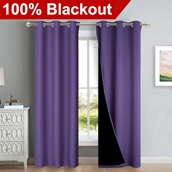 NICETOWN Lilac Purple Full Shade Curtain Panels, Pair of Thermal Insulated & Energy Efficiency Blackout Curtains for Living Room Windows, Lined Silky Performance Window Dressing (42" Wide x 84" Long)