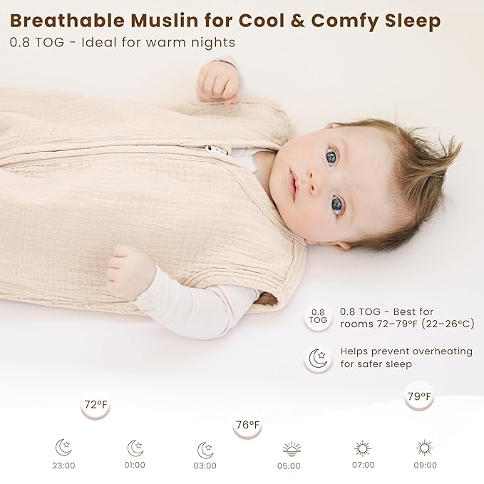 Konssy Muslin Baby Sleep Sack 0-6 Months 0.8 TOG, 2 Pack 100% Cotton Wearable Blanket for Babies, 2-Way Zipper Breathable Sleeping Sack Infant Toddler Essentials for Girls and Boys (Cream, Fog Green)