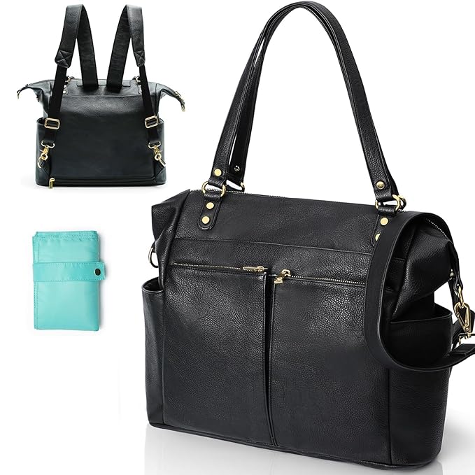 MOMINSIDE Diaper Bag Tote, Leather Diaper Bag Backpack with 14 Pockets, Convertible Baby Bag for Boys Girls, Baby Registry, Changing Pad, Large 4 Insulated Pockets(Black)