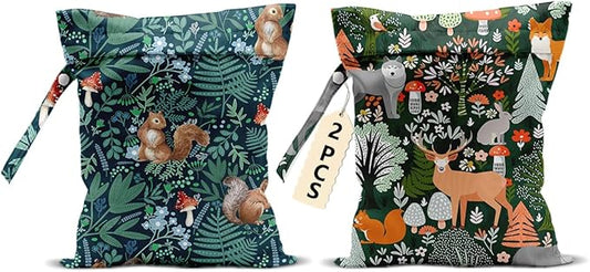 2Pcs Forest Animal Wet Bags 12x10 Inch, Cottage Core Botanical Waterproof Travel Laundry Bags, Squirrel Fox Wolf Reusable Wet Dry Bag for Swimsuit Pool Beach Diapers Dirty Yoga Gym Clothes
