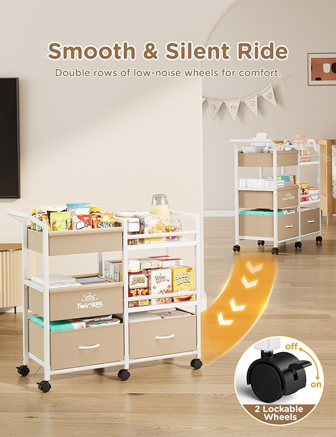 Baby Diaper Caddy Organizer, 3 Tier Rolling Storage Cart with Dividers and Drawers, Bedside Utility Cart for Nursery Essentials, Large Capacity Mobile Storage Cart for Crib, Bedroom