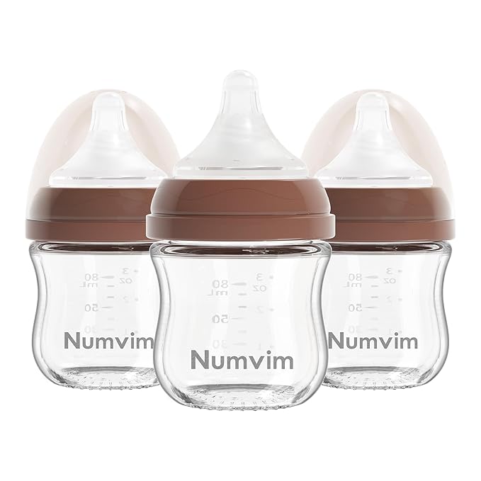Numvim Natural Glass Baby Bottles Gentle & Extra Slow Flow, Newborn Breastfeeding Bottle with Anti Colic Nipple for 0 Months Babies, 3 Packs (Brown (3 Ounce), 1 Count (Pack of 3))