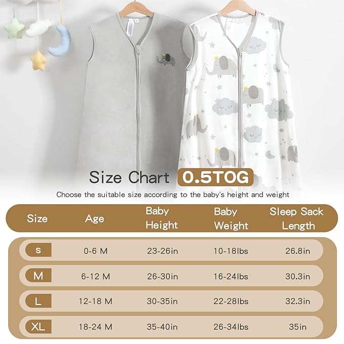 TILLYOU 2 Pack Baby Sleep Sack 12-18 Months 100% Cotton Wearable Blanket 0.5 TOG Sleeveless Summer Sleep Sacks with 2-Way Zipper, Grey Elephant & Cloud
