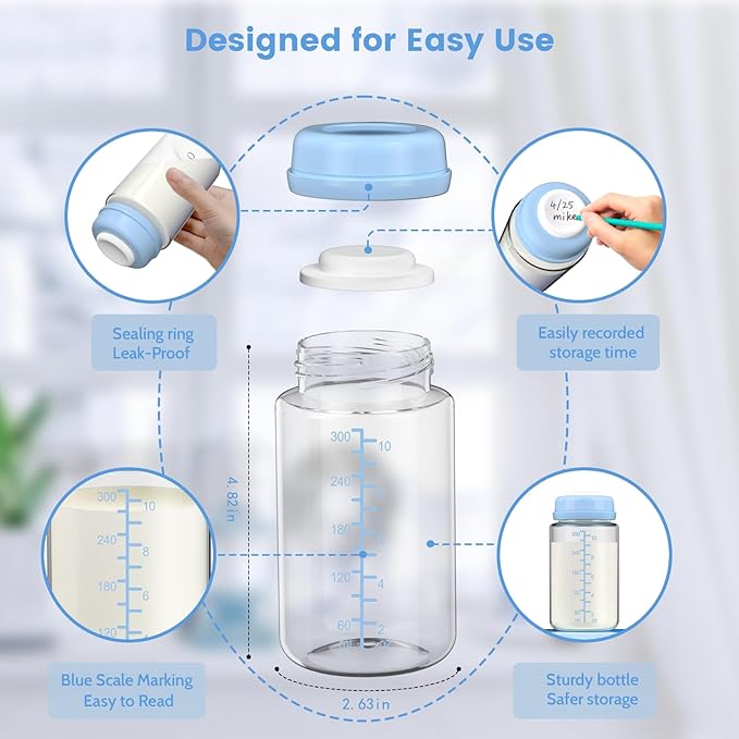 IVARONAL 4 Pack 10oz Wide-mouth Breastmilk Storage Bottle for Momcozy 22oz Portable Breast Milk Cooler, Pumping Storage Containers Compatible with Spectra S1/S2/9 Plus/SG/Motif Luna (4PC/Blue Lids)