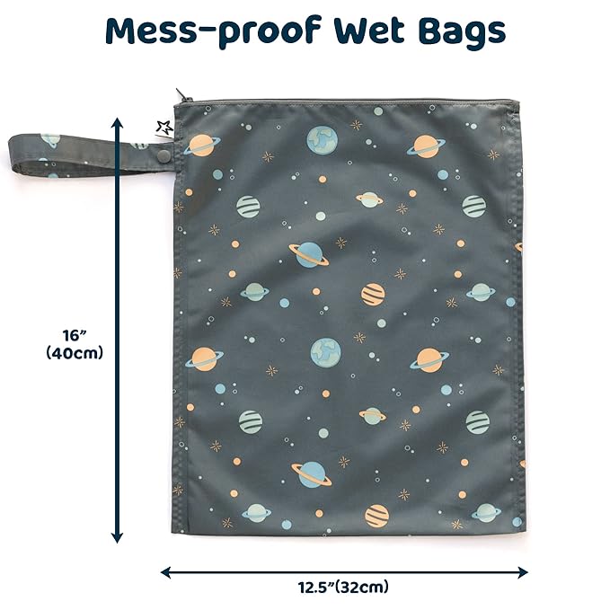 Tiny Twinkle Mess Proof Wet Bags | 2-Pack Reusable Waterproof Wet Bags for Swimsuits | Baby Clothes | Travel & Diaper Bag (Space, Ice Blue)