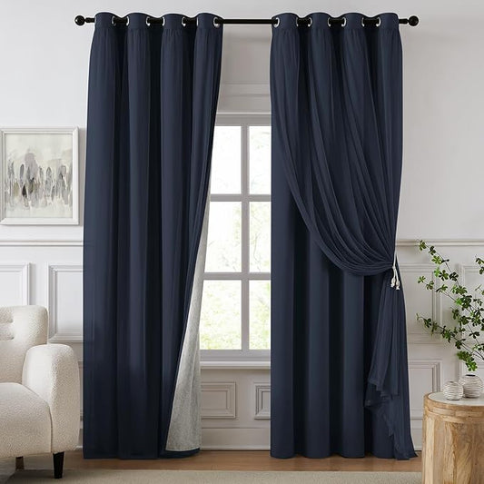 100% Blackout Curtains for Bedroom, Double Layer Navy Blue Curtains, Black Out Curtain 84 inch long With Sheer Overlay for Living Room, Room Darkening Window Drapes with Grommet, 52"W x 84"L