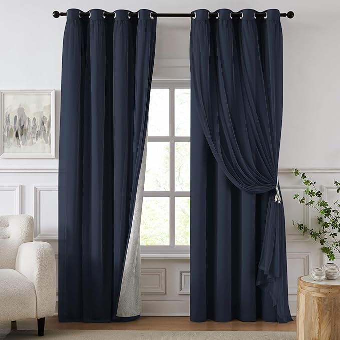 100% Blackout Curtains for Bedroom, Double Layer Navy Blue Curtains, Black Out Curtain 96 inch long With Sheer Overlay for Living Room, Room Darkening Window Drapes with Grommet, 52"W x 96"L