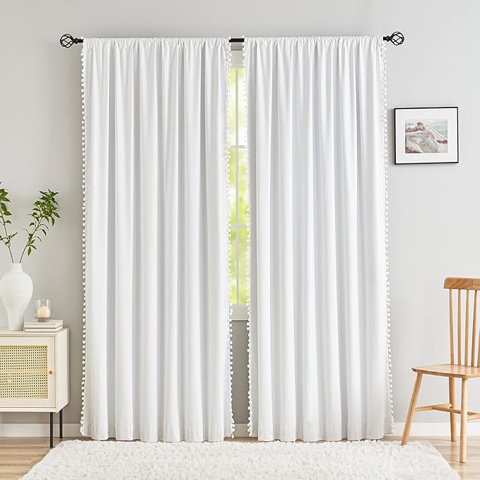 Treatmentex White Blackout Curtains for Living Room Bedroom 84inch Long Pom Pom Curtain Panels for Windows Thermal Insulated Curtains for Kids Nursery Room Rod Pocket 52" W x 2pcs