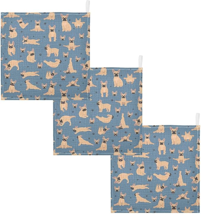 vvfelixl Baby Cotton Washcloths French Bulldog Pug Infants Bath Towel for Unisex Puppy Face Towels for Newborn, Natural Baby Wipes Delicate Skin, 11.8 X 11.8 inch, one sizex3