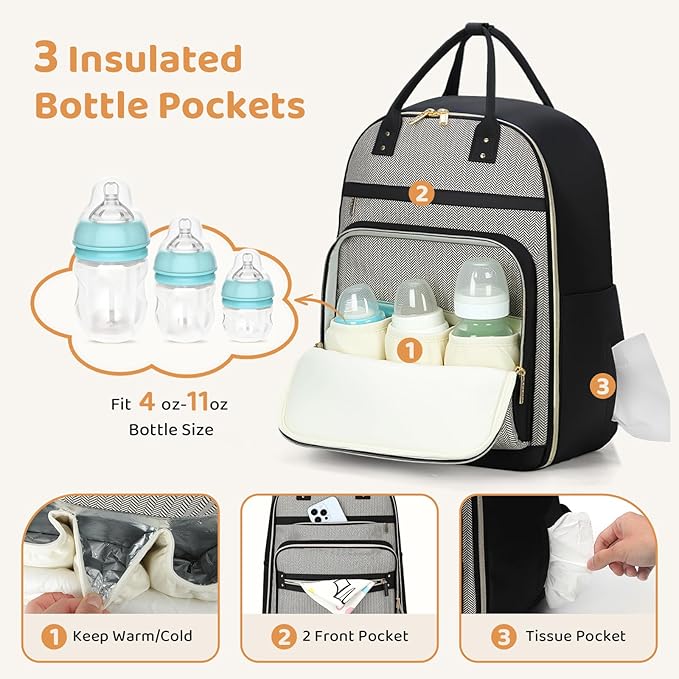 Lekesky Diaper Bag Backpack, Large Baby Backpack Diaper Bags for Mom Dad Maternity, Travel Baby Essentials with Changing Pad, Insulated Pockets, Stroller Straps, Laptop Compartment (Black)