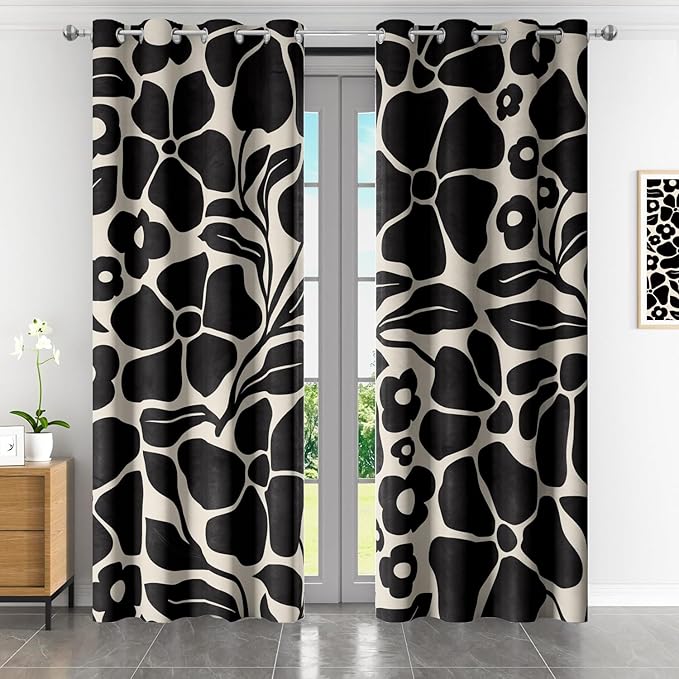 Boho Abstract Vintage Floral Blackout Curtains，Black Retro Flower Leaves Aesthetic Plant Window Drapes，Living Room Bedroom Decor 2 Panels 52x84 Inch