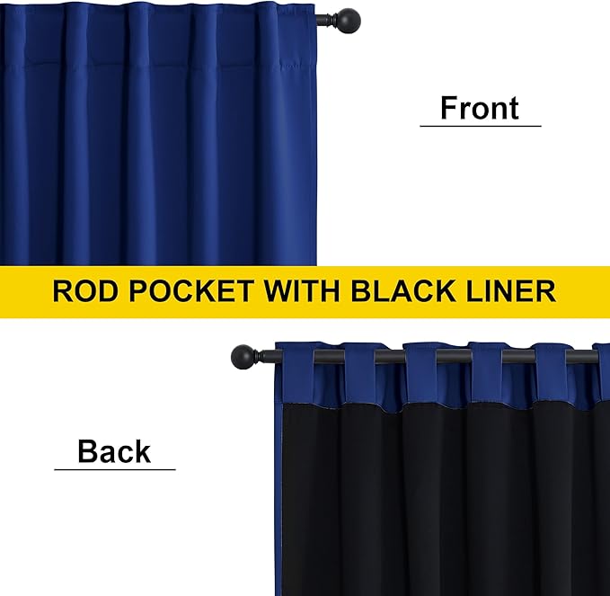 NICETOWN Navy Blue 100% Blackout Curtains for Bedroom, 52x84 Inches Set of 5 for Living Room, Rod Pocket Back Tab & Noise Reducing Drapes Black Lined Insulated Window Treatment Panels