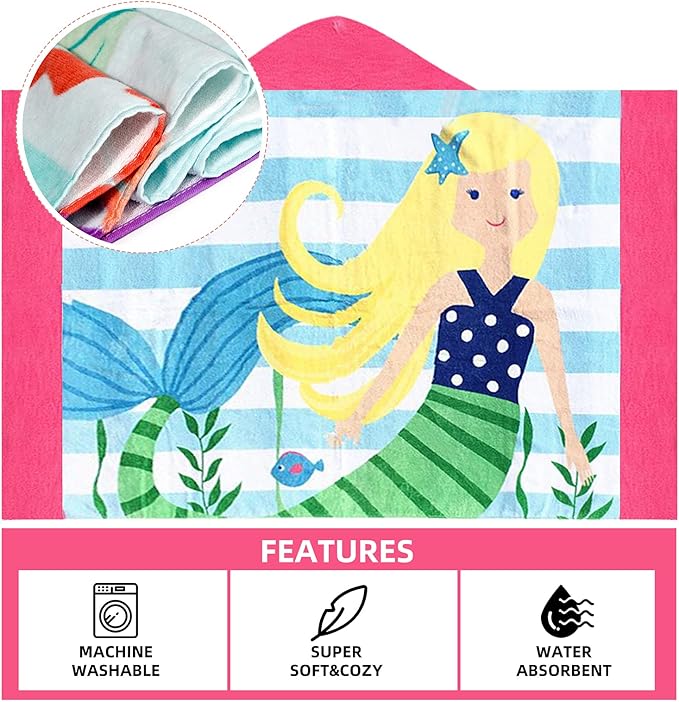 BANGSAUR Hooded Towel for Kids, 100% Cotton Soft and Absorbent, Pool Bath Beach Swim Towel Wrap, Bathrobe Coverups for Girls and Boys, Extra Large:30"×50"(Yellow Hair Mermaid)