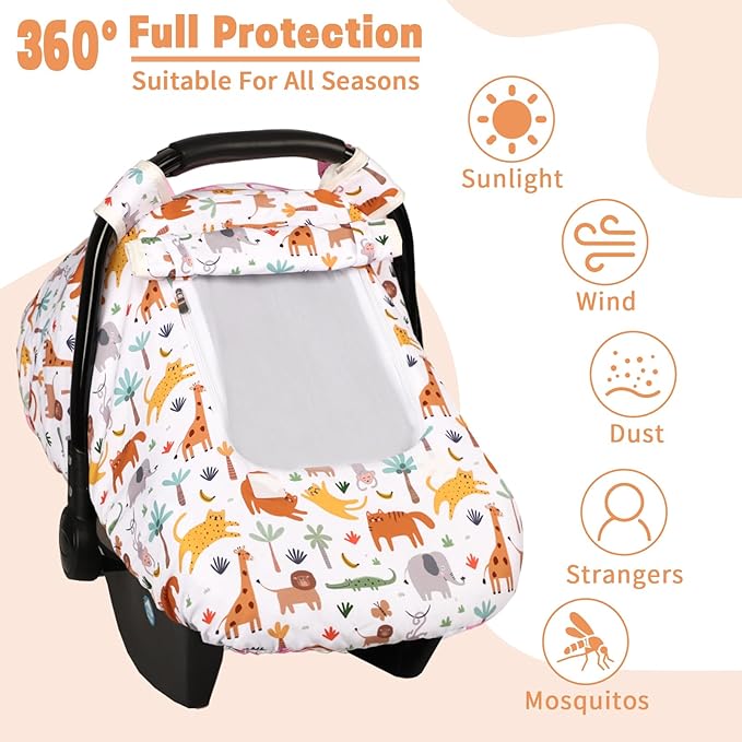 Car Seat Cover Baby, HNHUAMING Infant Car Seat Covers Canopy for Baby Girl Boy, Cozy & Windproof Newborn Carseat Covers Minky Dot Backing Stroller Cover with Breathable Mesh Window, Animals