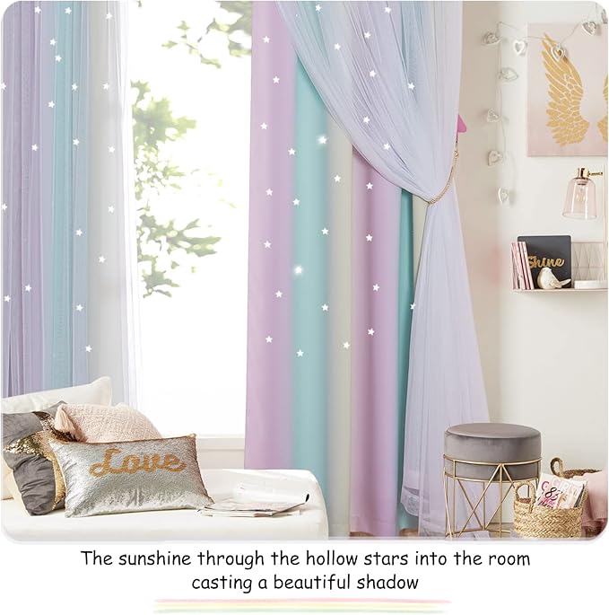 NICETOWN Kids Room Decor for Girls, White Gauze & Blackout Drapes Assembled, Star Cut Curtain Panels with Versatile Styling Options (Purple & Blue & Yellow, Each is W52 x L84, Sold by 2 Panels)