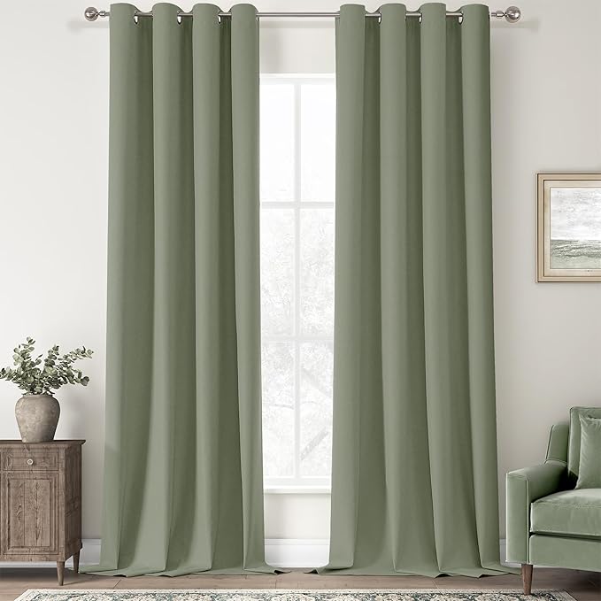 ChrisDowa 100% Blackout Sage Green Solid Curtains 102 Inches Long 2 Panels for Bedroom Living Room,Farmhouse Room Darkening Thermal Insulated Soundproof Grommet Top Window Treatment Drapes,52x102