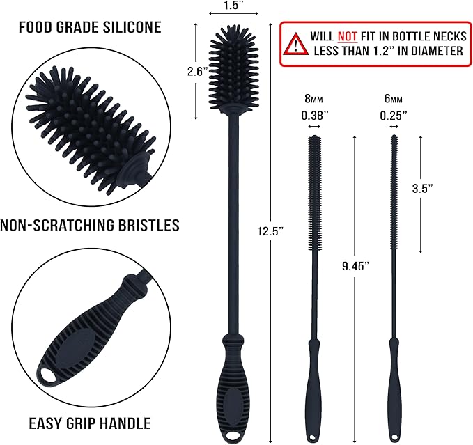 Kitchiny 12.5" Silicone Bottle Brush & Straw Cleaner Brush Set | Water Bottle Cleaner for Hydro Flasks, Tumblers, Glassware, Vases and Narrow Neck Containers