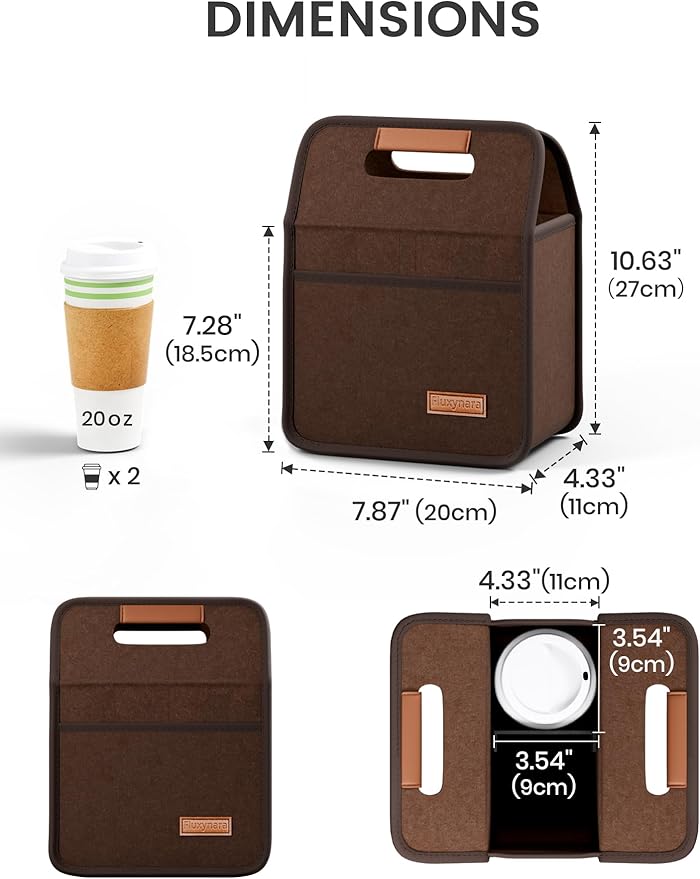 Fluxynara 2-Cup Reusable Felt Drink Carrier with Handle and Adjustable Shoulder Strap, Drink Holder for Car, Multi-Cup Drink Carrier Bag for Delivery, Travel, Picnics (Coffee Brown)