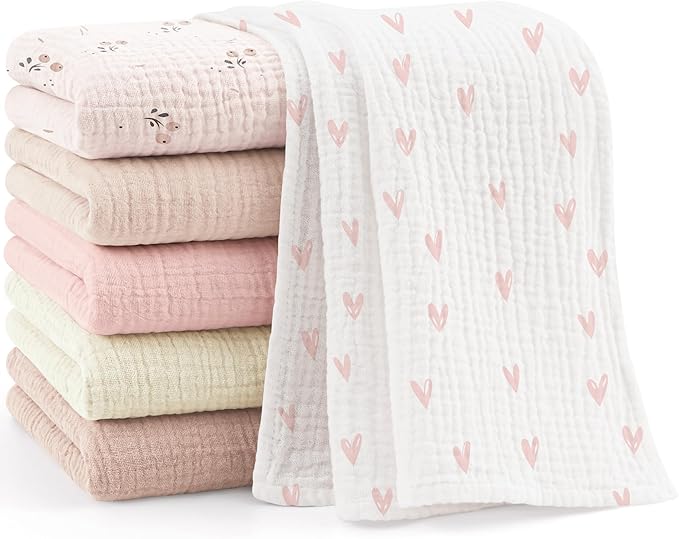 Bearmoss 100% Cotton Muslin Burp Cloths, 6 Pack Absorbent Large Baby Burping Cloths for Boy, Girl, 23.6" X 23.6" Newborn Essentials (Pink Print)